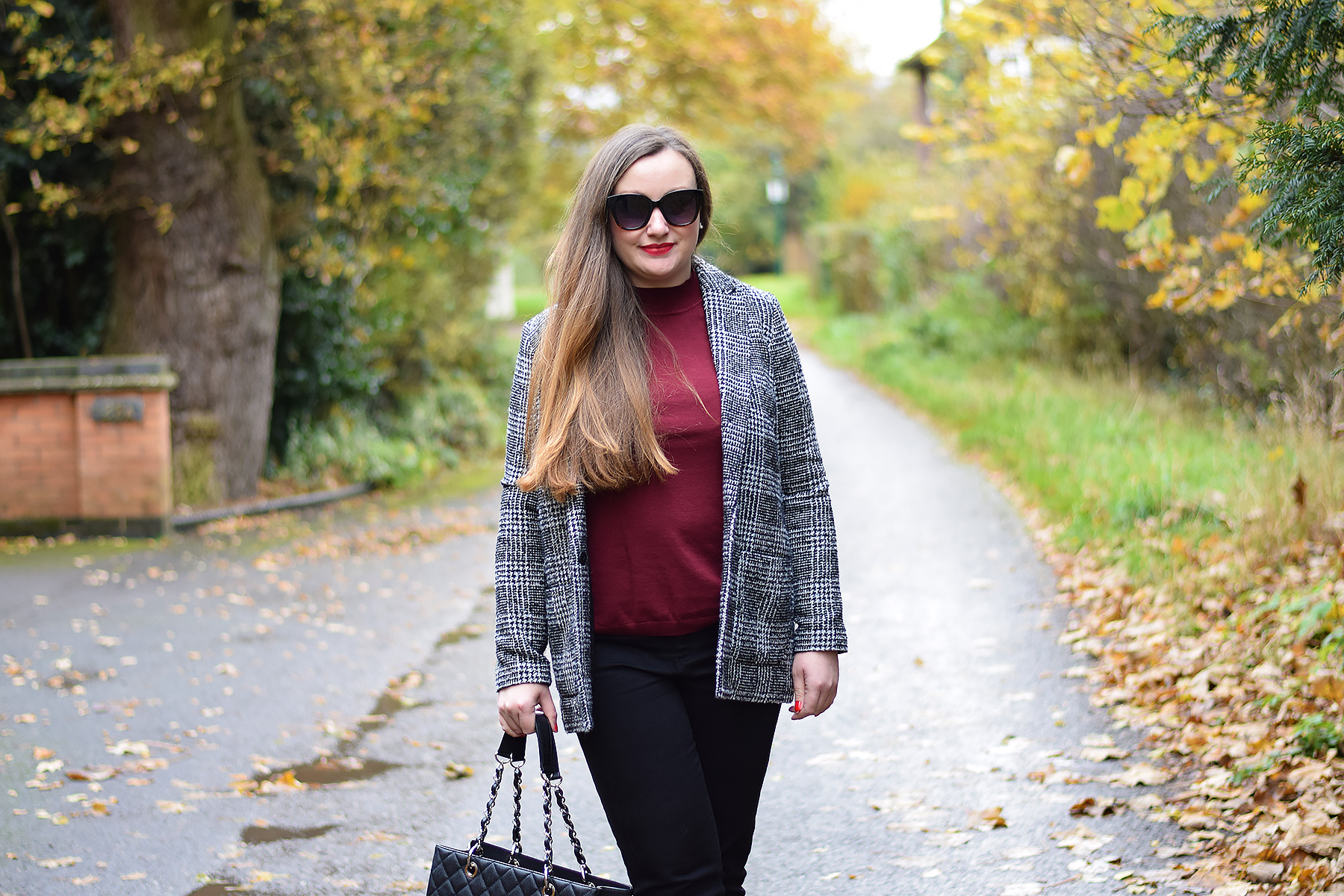 Checked Blazer with Burgundy Jumper Outfit – JacquardFlower