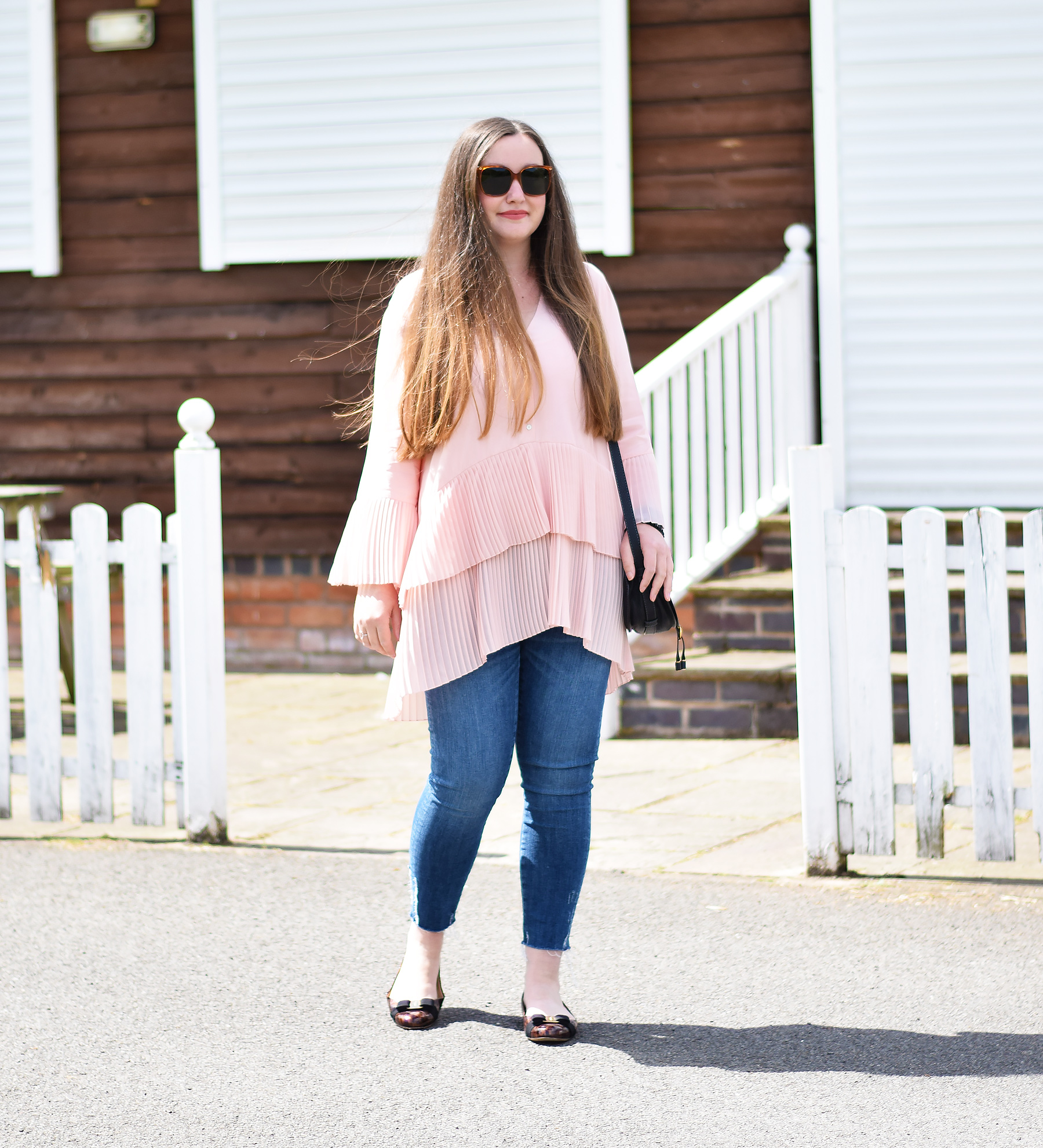 zara contrasting pleated blouse pink
