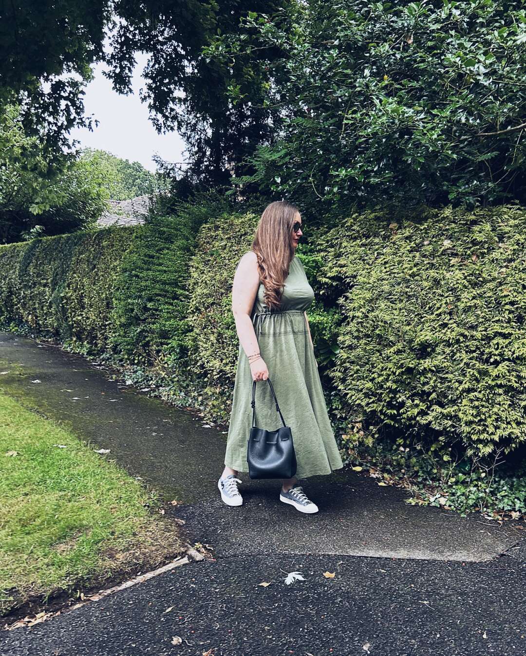 Green Maxi Dress with Converse Comme Des Garcons low top Trainers