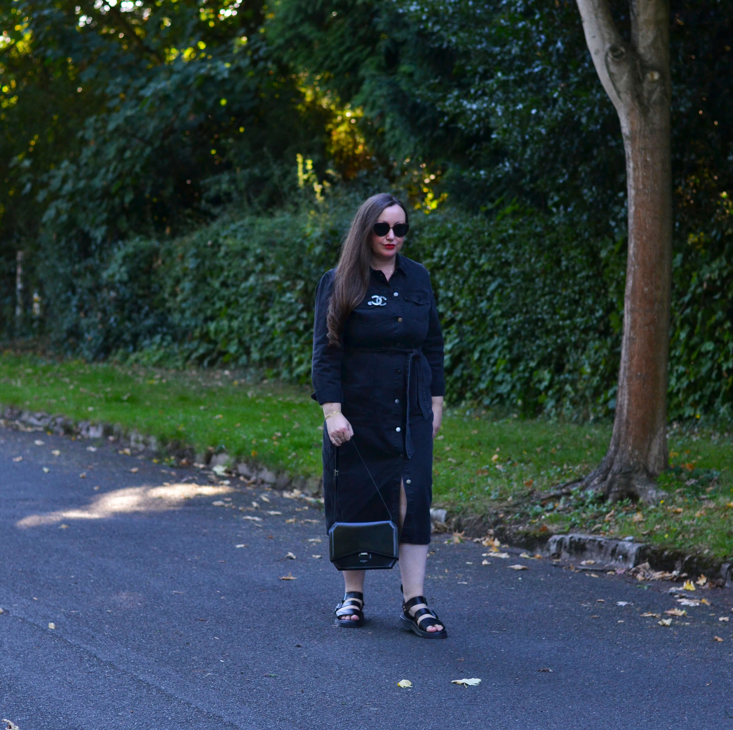 Black Denim Dress with DR Martens Gryphon Sandals