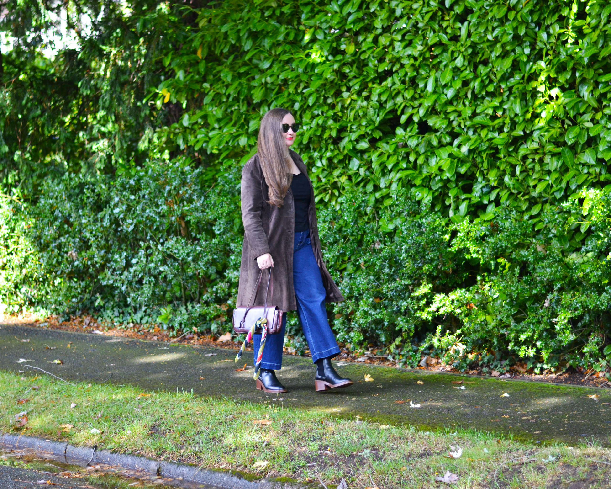 Brown Suede Coat with jeans and ankle boots outfit