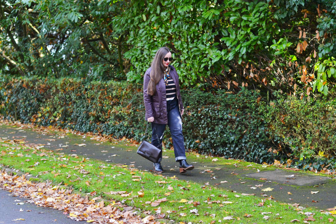 Three ways to wear a classic Barbour Jacket, jeans and a top with silk scarf