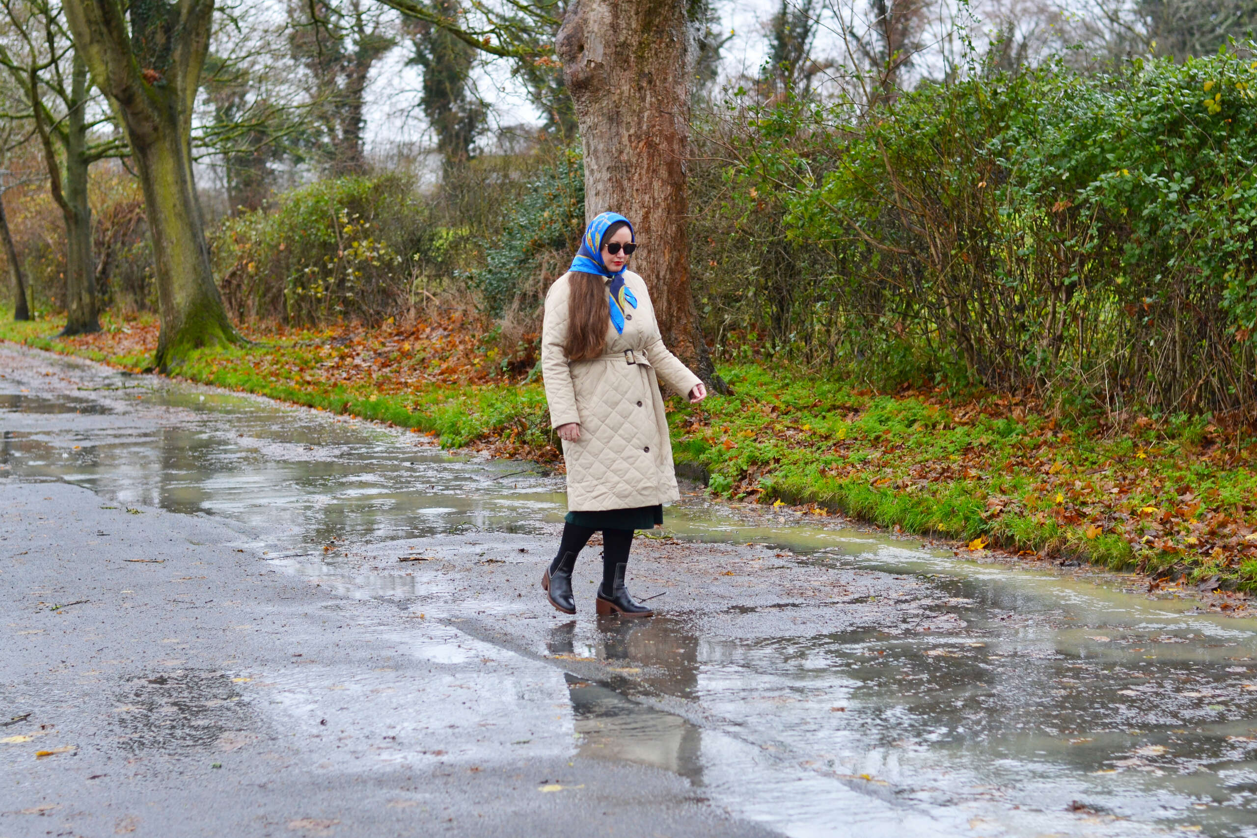 Barbour Quilted Coat Outfit and Vintage Celine Scarf