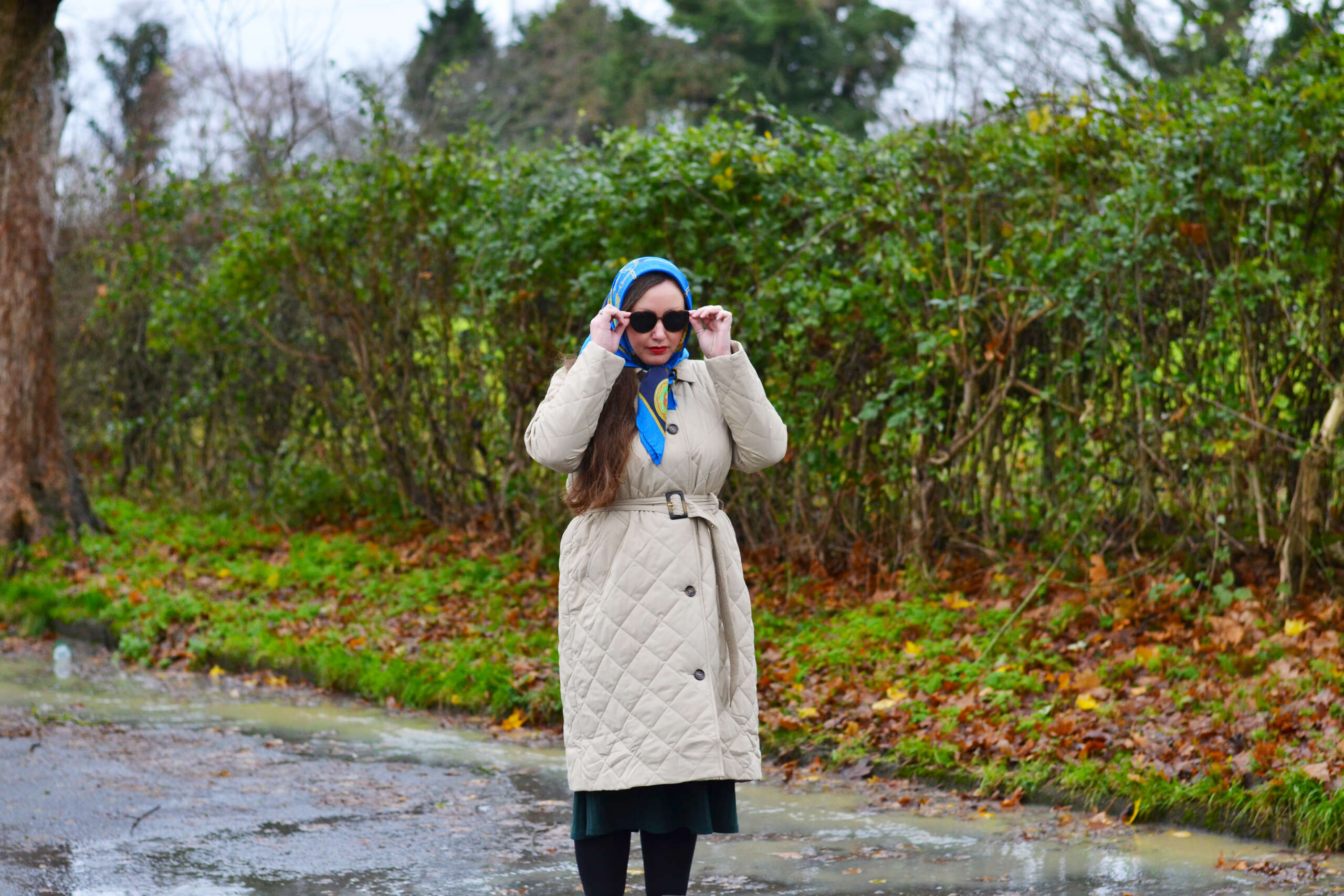 Classic British Countryside Outfit with Barbour Jacket and Headscarf